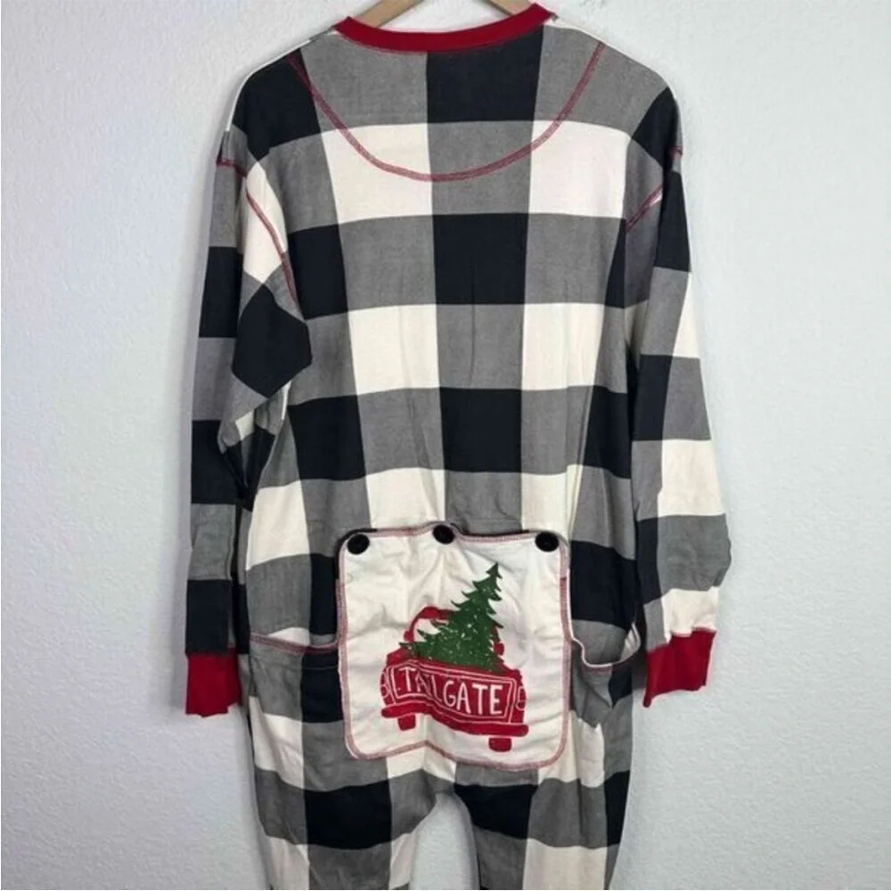 NWT LazyOne Flapjacks Black & White Plaid Onesie Jumpsuit Pajamas - Large
